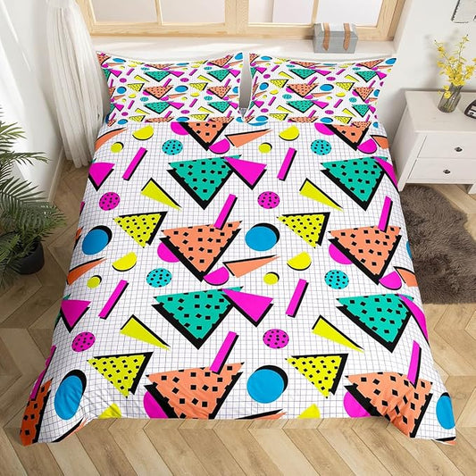 80s Bedding Set Memphis Pattern Old Fashion Comforter Cover,Vintage 90s Memphis Style Duvet Cover Abstract Geometric Pattern Retro Bed Set Full,Rainbow Urban Modern Circles Triangle Room Decor