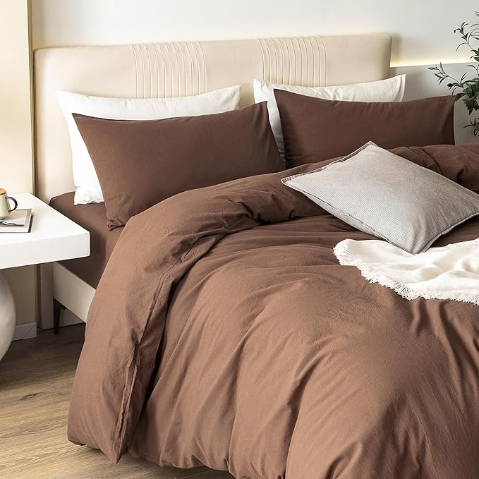 JIYUAN 100% Washed Cotton Duvet Cover Set 3 PCS Super King Plus, 1 Duvet Cover 120x120 Inches(Comforter Not Included) and 2 Pillowcases,Linen Feel Bedding Set Comfy and Breathable,Chocolate Brown