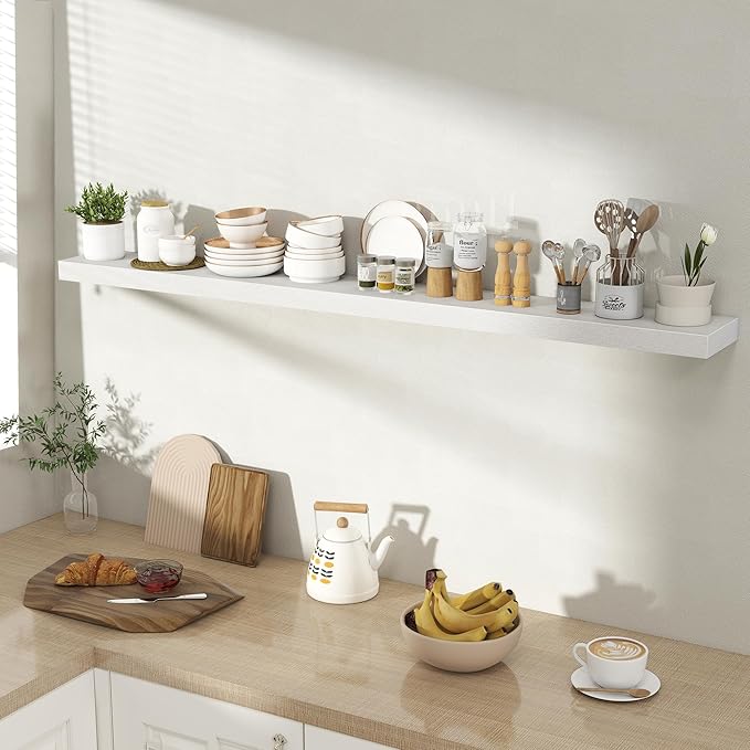 55 Inch Floating Shelves for Wall 1 Pack, 55" Wall Shelves for Books, Storage, Decor, Wall Mounted Floating Shelf with Invisible Brackets for Kitchen, Living Room, White