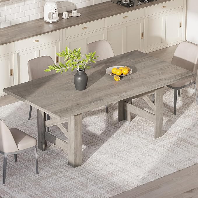 GarveeHome Dining Table for 6-8, 71" Long Wooden Farmhouse Barn Kitchen Table with Thick Sturdy Frame, Rectangular Dining Room Dinner Table with Stable Triangular Legs for Kitchen, Office, Retro Gray