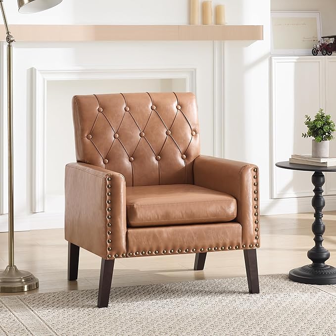 Mid Century Modern Accent Chair, Light Brown Faux Leather Office Chair for Reception - Tufted Leather Club Chair for Living Room, Bedroom, or Waiting Room