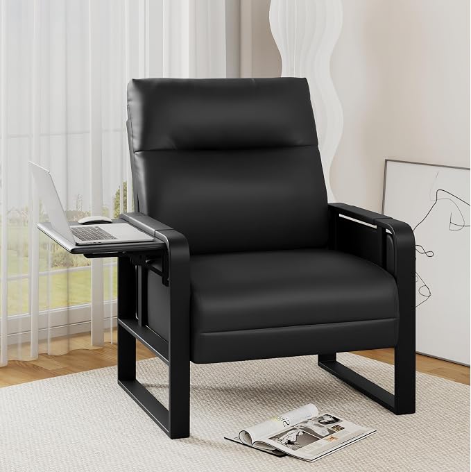 Alunaune Upholstered Living Room Chair Armchair Set of 2, Mid Century Faux Leather Metal Accent Chair, Reception Couch Slipper Club Lounge Chair Guest Comfy Single Sofa with Sidetable-Black