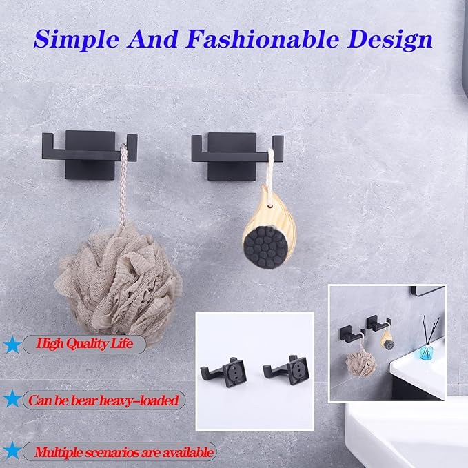 GERZWY Matte Black Bathroom Double Towel Hook Stainless Steel Coat/Robe Clothes Hook for Bath Kitchen Modern Hotel Style Wall Mounted 2 Pack AG1417B-BK