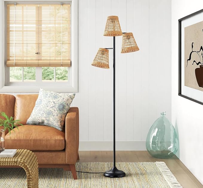 Maxax 72" Boho Rattan Floor Lamp for Living Room, 3-Lights Tree Floor Lamps, Tree Farmhouse Industrial Black Standing Lamp with Woven Shade for Bedroom, House