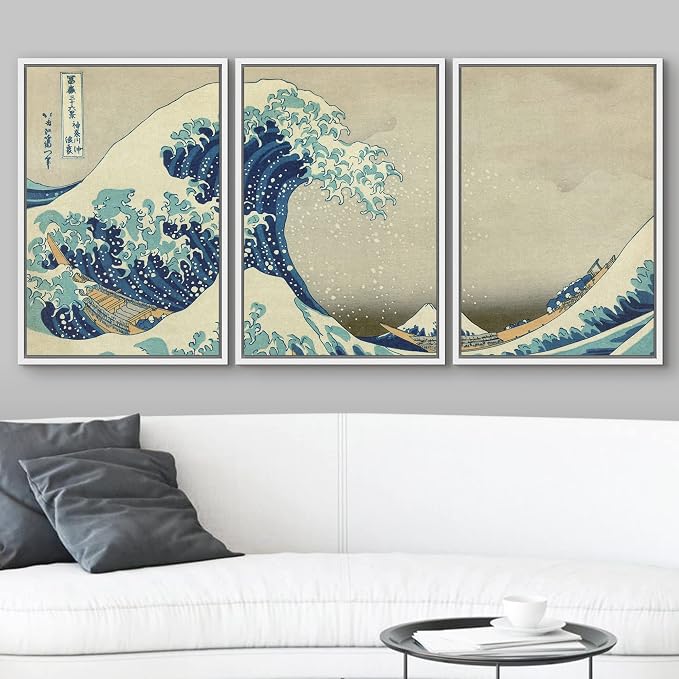 wall26 Framed Canvas Print Wall Art Set The Great Wave Off Kanagawa by Hokusai Cultural Historic Oil Painting Fine Art Reproduction Scenic Colorful for Living Room, Bedroom, Office - 16"x24"x3 White