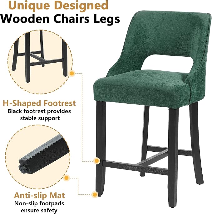ClinQ Bar Stools Set of 3, 26" H Counter Height Bar Stools with Backs, Modern Upholstered Accent Barstools with H-Shaped Footrest for Kitchen Island, Dining Room and Bar, Green-Black Legs