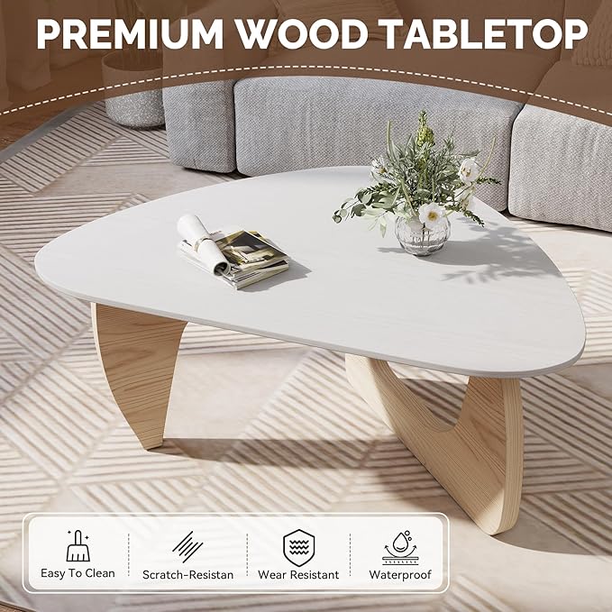 Modern Wood Coffee Table, Triangle Center Table with Premium Wooden Top& Unique Base, 35.5” Small Mid Century Tea Tables for Living Room, Apartment, Office,White&Light Natural Wood