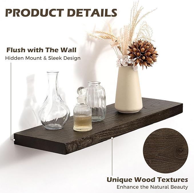 48 Inch Floating Shelves for Wall, 8"D High End Solid Hardwood Shelves for Decor Storage, Rustic Wall Shelves with Invisible Heavy Duty Brackets for Living Room, Kitchen, Bathroom, Walnut, 1 Pack