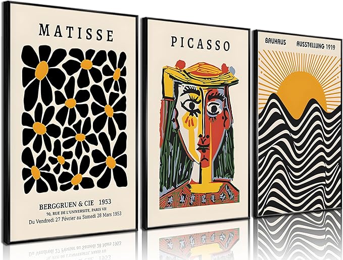 3 Pcs Gallery Wall Art Picasso Matisse Bauhaus Set Canvas Prints Abstract Paintings Posters Orange Black Modern Minimalist Wall Decor Pictures Suitable for Bedroom Living Room Decor (Unframed,