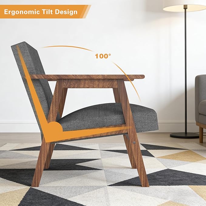 Mid Century Modern Armchair, Upholstered Fabric Lounge Chair with Walnut Finish Frame for Living Room, Comfortable Sofa Chair in Dark Gray