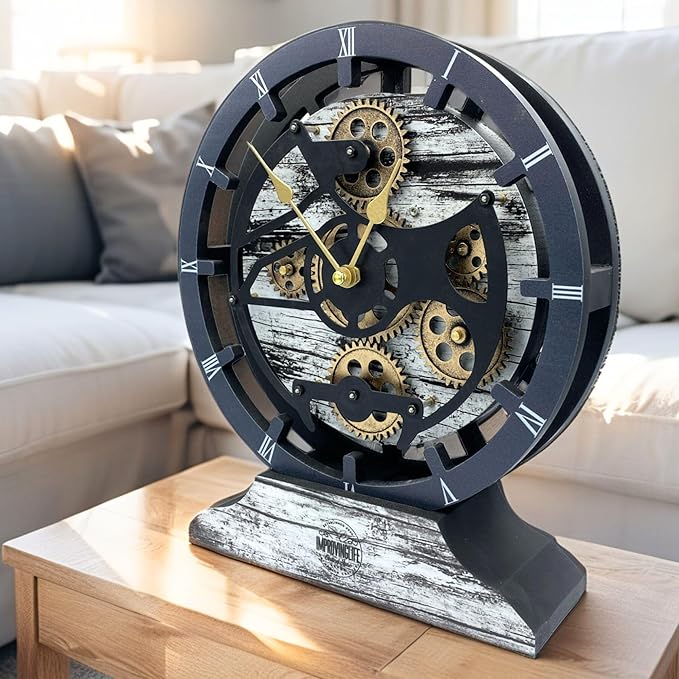 ImprovingLife The Gears Clock Desk Clock 10 inches with Real Moving Gears Convertible into Wall Clock (Grey & White)