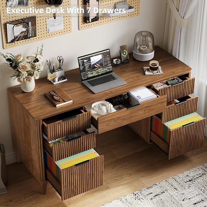 55.1" Fluted Executive Desk with Drawers, Wood Computer Desk with Storage Cabinet, Home Office Desk with Charging Station, Farmhouse Desk with File Cabinet for Office Home (Walnut)