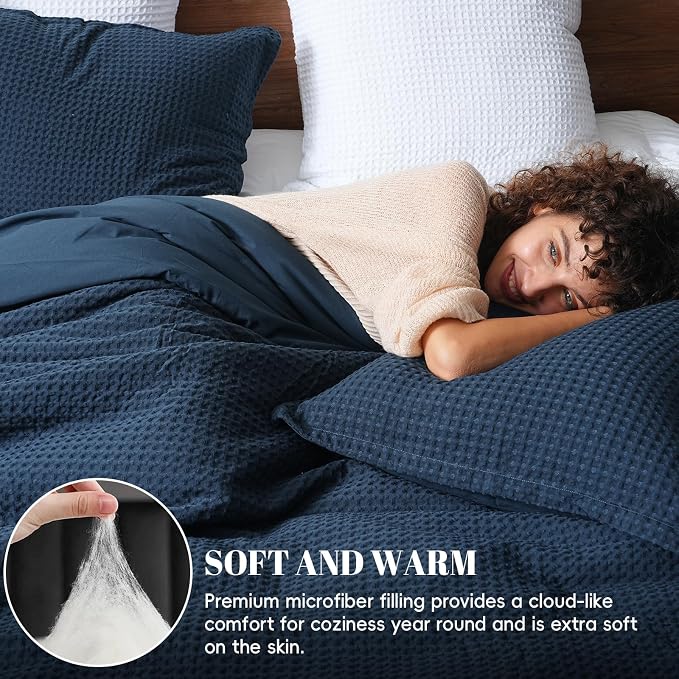 PHF Ultra Soft Waffle Weave Comforter Set California King Size, 3 Pieces Lightweight Breathable Comfy Bedding Set, Comfy Textured 1 Comforter with 2 Pillow Shams, Navy Blue
