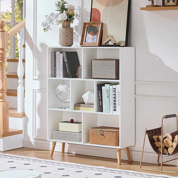 LEYAOYAO Cube Bookshelf 3 Tier Mid-Century White Modern Bookcase with Legs,Retro Wood Bookshelves Storage Organizer Shelf,Freestanding Open Book Shelves for Bedroom,Living Room,Office
