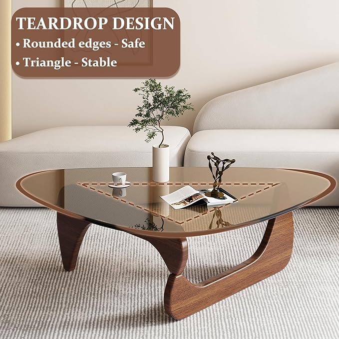 Glass Coffee Table, Triangle Coffee Table for Small Space, 35.8" Mid Century Modern Center Tables w/Tempered Glass Tabletop & Solid Legs, for Living Room Home Office, Unique