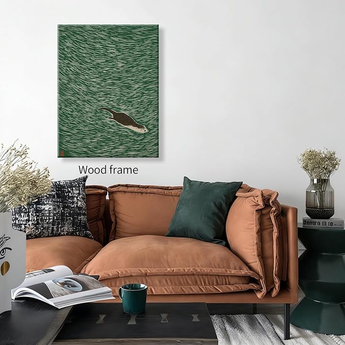 Wrapped Framed Japanese Otter Swimming Poster Funny Nature Wild Animal Pictures Retro Minimal Green Water Canvas Wall Art for Living Room Bedroom Bathroom 16x20 inch