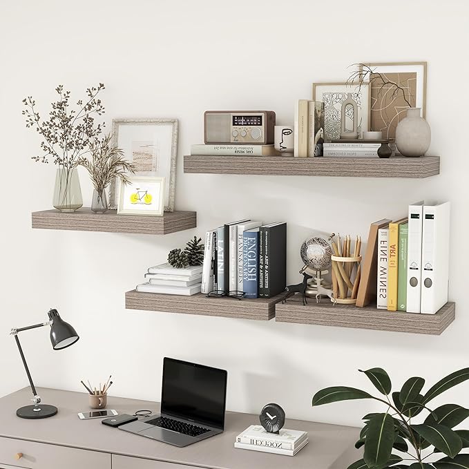 Deep Floating Shelves | 24 Inch Grey Floating Shelves Set of 2 | 12 Inch Deep Rustic Wood Shelves for Wall | 24" W x 12" D Grey Shelves for Living Room Bathroom Laundry Room Kitchen