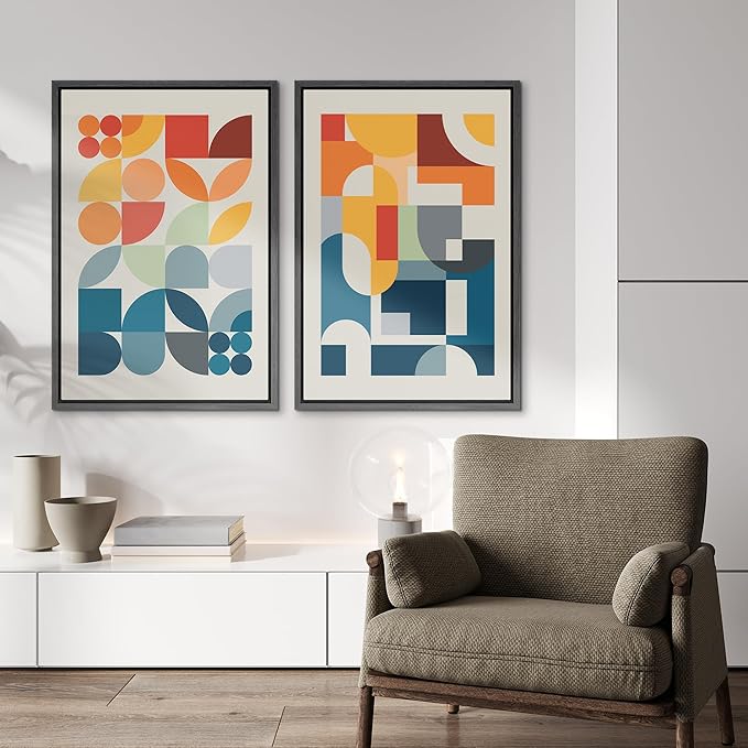 IDEA4WALL Framed Canvas Print Wall Art Set Mid-Century Modern Red & Blue Geometric Color Blocks Abstract Shapes Illustrations Modern Art Decorative Minimalist Multicolor for Bedroom - 24"x36"x2 Black