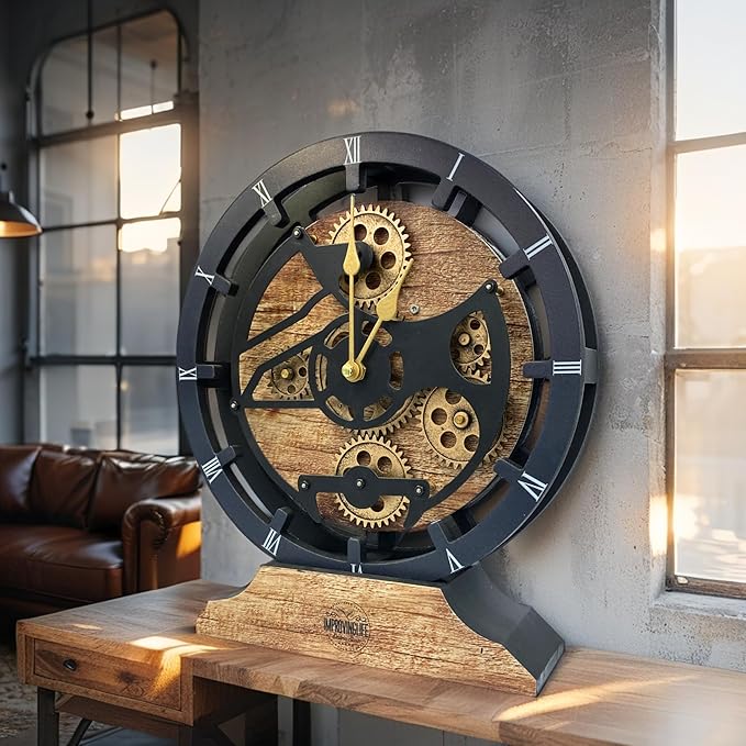 ImprovingLife The Gears Clock Desk Clock 10 inches with Real Moving Gears Convertible into Wall Clock (Vintage Brown)