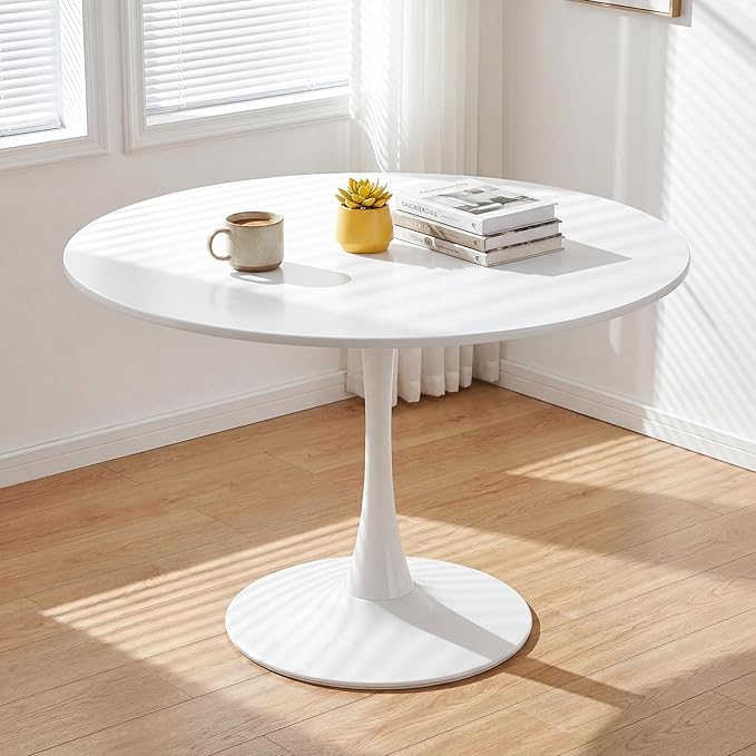 42" Round Tulip Table, Mid-Century Dining Table with Metal Pedestal Base, Modern Leisure Table for Small Space, Kitchen, Dining Room, Easy Assembly, White