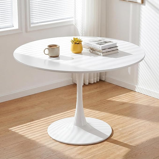 42" Round Tulip Table, Mid-Century Dining Table with Metal Pedestal Base, Modern Leisure Table for Small Space, Kitchen, Dining Room, Easy Assembly, White