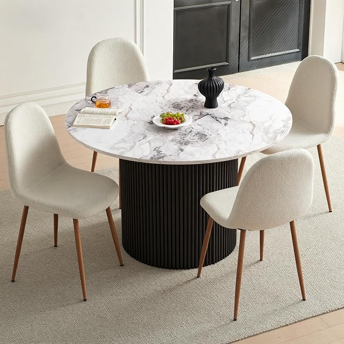 Dining Table Set for 4, Mid Century Modern 47 Inch White Marble-Look Wooden Round Dining Table Set, Space Saving (Table + 4 White Chairs)