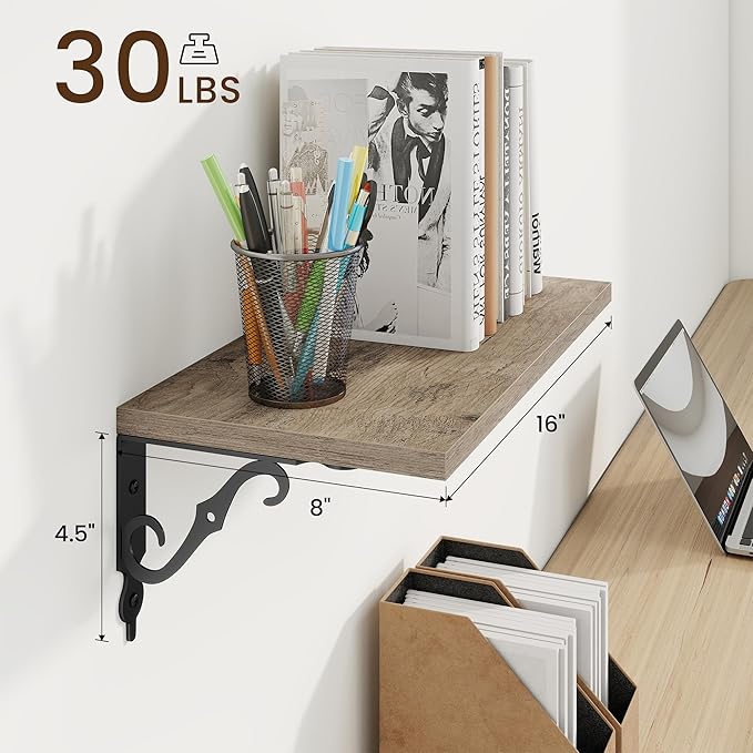 RICHFOCUS Floating Shelves for Wall Decor, 8 Inch Deep Shelves Set of 2, 16W x 8D Floating Shelves Wall Mounted with Metal Brackets, Rustic Wood Shelves for Living Room Bedroom Kitchen, Grey