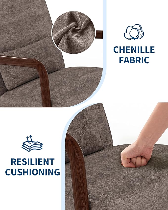 Garvee Mid-Century Chenille Accent Chair Set of 2, Cozy Reading Chair, Modern Lounge Armchair with Lumbar Pillow, Sturdy Wood Frame, for Living Room, Bedroom, Office, Brown