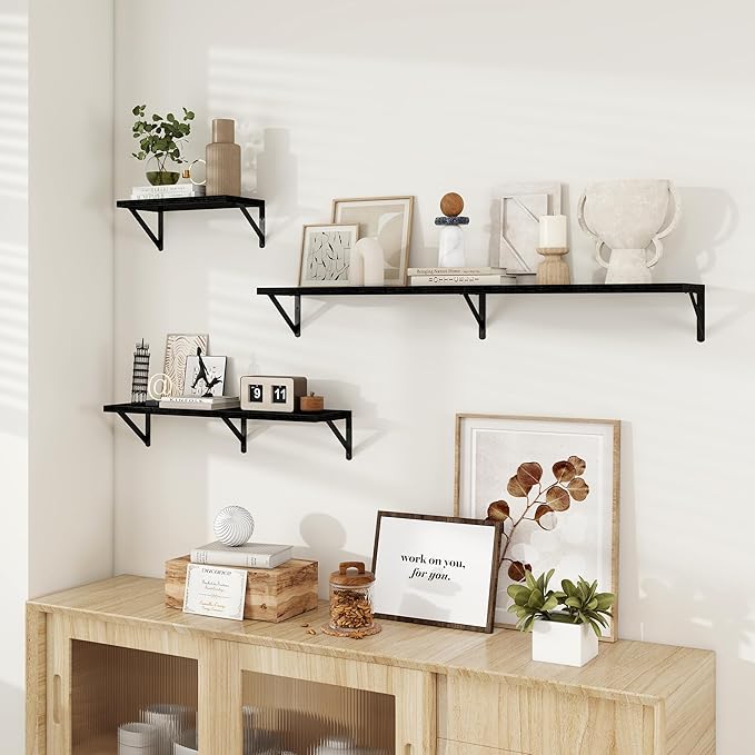 Dreamland Deep Floating Shelves for Wall, 16W x 8D Wall Mounted Shelves Set of 2, Floating Shelves Bedroom with Sturdy Metal Brackets for Living Room, Bathroom and Kitchen, Black