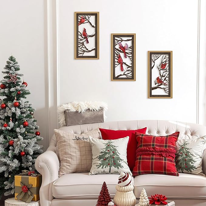 Ausril 3 Pcs Red Birds Wall Decor,Abstract Cardinal Wood Wall Art Bohemian Winter Xmas Hanging Decor Tree Branch Artwork Decoration for Farmhouse Bedroom Living Room 7.9 x15.8 Inch