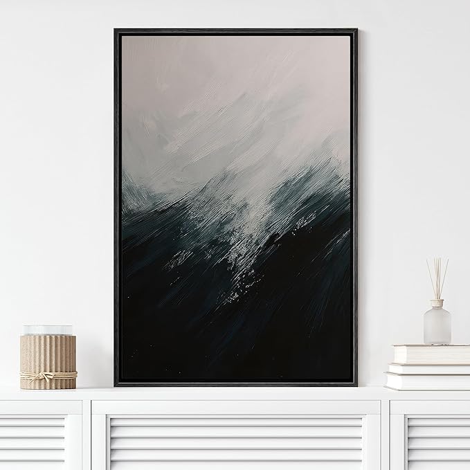 MUDECOR Framed Canvas Print Wall Art Dark Blue Brushstroke Abstract Ocean-Inspired Illustrations Fine Art Decorative Zen Multicolor Country/Farmhouse Retro for Bedroom - 16"x24" BLACK