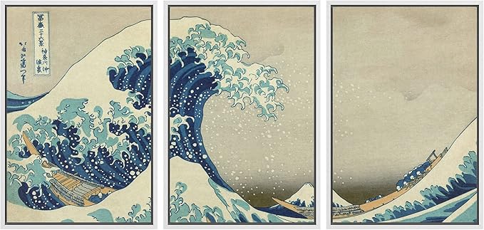 wall26 Framed Canvas Print Wall Art Set The Great Wave Off Kanagawa by Hokusai Cultural Historic Oil Painting Fine Art Reproduction Scenic Colorful for Living Room, Bedroom, Office - 24"x36"x3 White