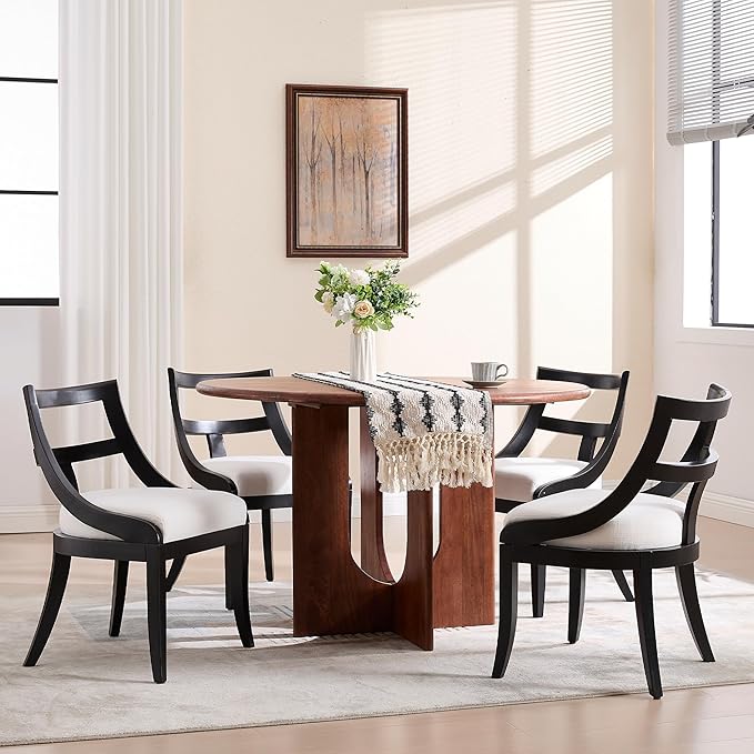 Modern Farmhouse Dining Chairs Set of 4 Mid Century Upholstered Dining Chair with Wooden Curved Back Kitchen Chairs for Dining Room Restaurant Cafe, Black-Linen Beige