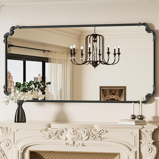 TETOTE Vintage Antique Black Rectangle Mirror for Mantle Fireplace 60 x 30 Traditional Baroque Ornate Scroll Wall Mirror with Metal Frame for Living Room Bedroom, Horizontal/Vertical