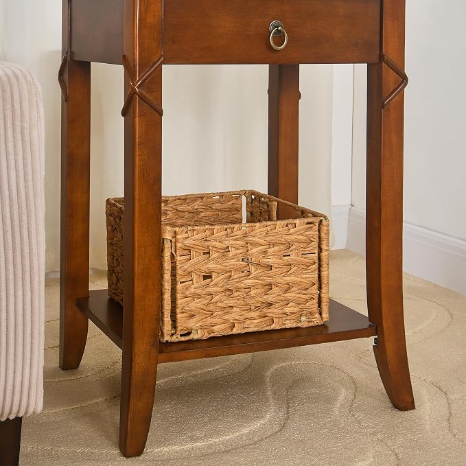 Solid Wood End Table with Drawer, Beside Table, Nightstand, Mid-Century Modern Funiture with Storage Shelf, 19.7" x 15.7" x 27.6" High Living Room Side Table with Wood Frame, Cherry Walnut GBJ-DR200