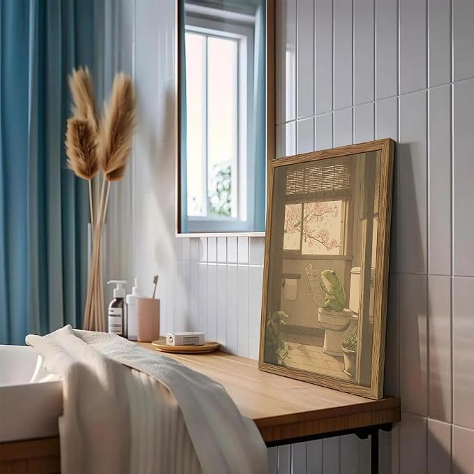 Framed Vintage Funny Bathroom Wall Art, Cute Frog Reading on Toilet Canvas Prints, Whimsical Japanese Style Animal Artwork, Retro Simple Wall Decor for Bathroom Bedroom Restroom 16x24in