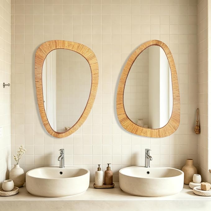 BAODANFU Irregular Rattan Wall Mirrors Decorative, 20"x30" Asymmetrical Decorative Mirror with Boho Handwoven Natural Rattan Frame, Vanity Mirrors for Bathroom, Bedroom, Entryway, Dning Room Decor