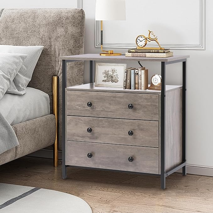 3 Wooden Drawers Nightstand, 27 Inch Wide Night Stand Set 2 with Charging Station and Adjustable Drawers, Small Dresser for Closet, Bedside Table for Living Room/Bedroom/Office, Gray.