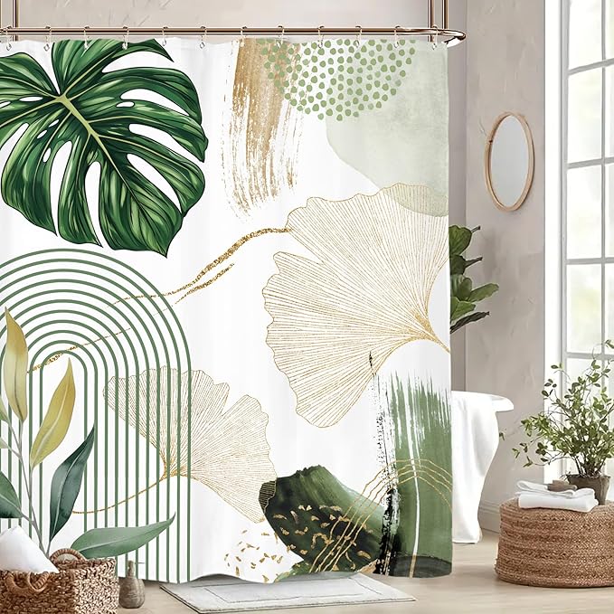 Miyotaa Abstract Ginkgo Olive Green Shower Curtain Set 60Wx71H Inches Minimalist Aesthetic Modern Contemporary Plant Leaves Polyester Waterproof Cloth Bathroom Curtain with 12 Hooks