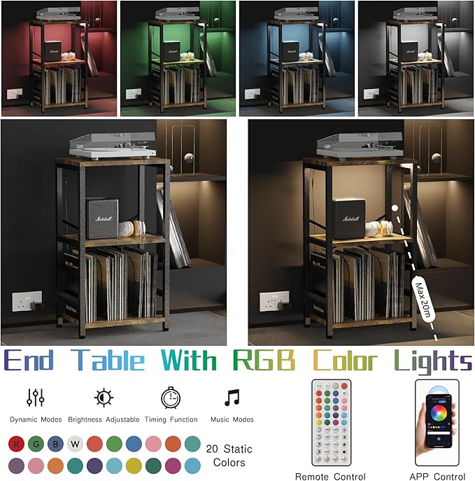 YAKANJ End Table with LED Light,Record Player Stand with Albums Storage,Vinyl Records Storage,Turntable Stand Side Table for Music Room Studio Living Room Bedroom-Retro