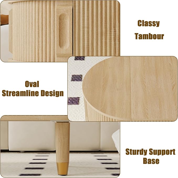 Oval Wood Coffee Table,Fluted Lift Top Coffee Table with Sliding Door and Solid Wood Legs,Suitable for Living Room,Home Office,and Apartment. (Lift Top Coffee Table-Oak)