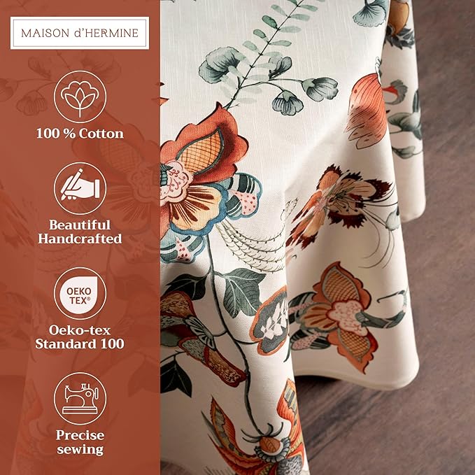 Maison d' Hermine Table Cloth Round Table 100% Cotton 69 Inches Fall Tablecloth Reusable Everyday Use for Thanksgiving Christmas Decorations Dining Farmhouse Party (Dalida)