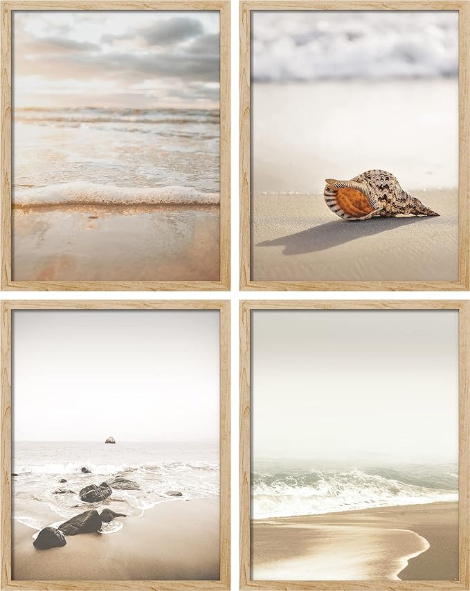 SIGNWIN Framed White Minimal Beach Shore Ocean Sea Seashell Wall Art, Set of 4 Landscape Colorful Wall Decor Prints, Nature Wilderness Wall Décor for Living Room, Bedroom - 8"x10" Natural