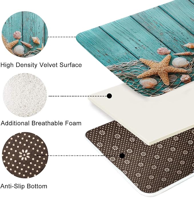 Britimes Bath Mat for Bathroom, Beach Seashells Starfish Sand Washable Cover Floor Rug Carpets Floor Mat Bathroom Decorations 16x24 Inches for Kitchen Bedroom Indoor