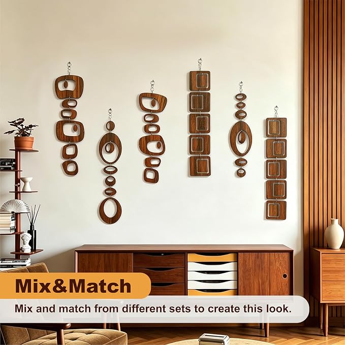 15PCS Retro Mid Century Modern Wall Art MCM Decor for Living Room Bedroom Kitchen Study, Walnut Wood Texture 16.5"x51.3"