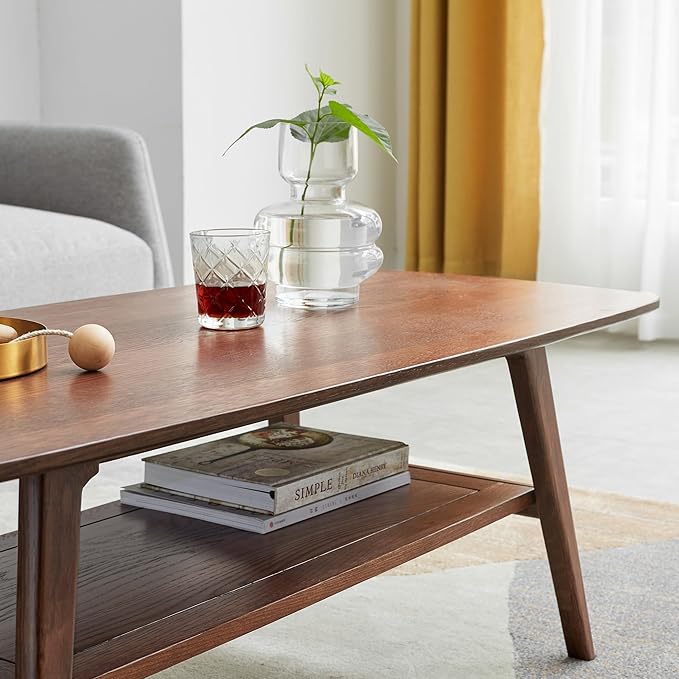 100% Solid Wood 2-Tier Coffee Table with Open Storage, Easy Assembly Center Table for Living Room, Walnut Finish with Side Table Function, Mid Century Modern Style (47.24" Solid Wood Table)