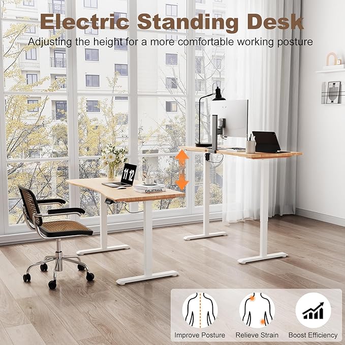 Solid Wood Electric Standing Desk 55"x23.6"Home Office Desk,Adjustable Workbench with 3 Stages Single Motor, Computer Workstation with T-Shaped Metal Bracket,Walnut Standing Table for Gaming(1 Box)