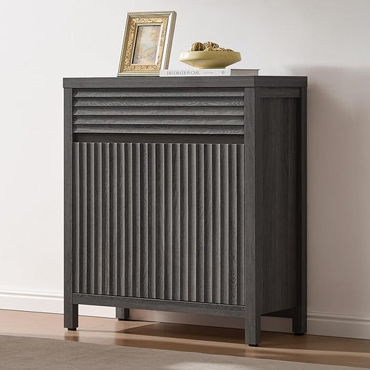 SICOTAS Sideboard Buffet Cabinet with Drawer - Fluted Sideboard Modern Credenza with Doors & Adjustable Shelves, Farmhouse Coffee Bar Media Console for Living Room Kitchen Entryway, Black Oak