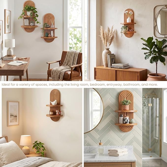 SweetSage Boho Wall Decor Oak Plant Wall Shelf Mid Century Modern Decor 2 Tier Wooden Floating Shelves for Home Bathroom Bedroom Living Room Nursery Office Art Display 22 x 11.8 Inches