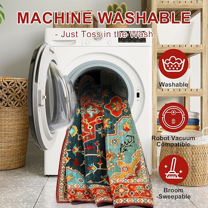 WILLSUN Washable Area Rugs, 5x7 Non-Slip Boho Large Area Rugs for Living Room, Bedroom, Machine Washable Vintage Rug, Indoor Floral Print Carpet for Home Decor, Kid & Pet Friendly Mat